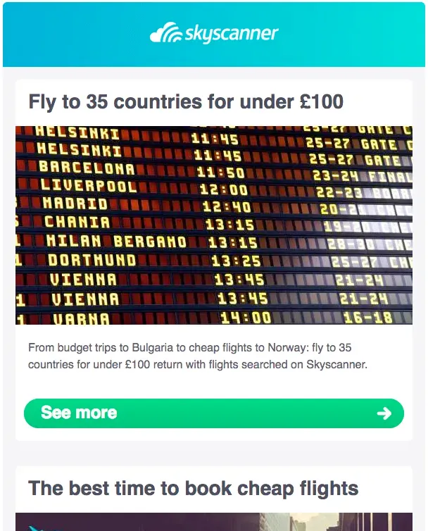 Example of a Skyscanner newsletter sent to our UK subscribers