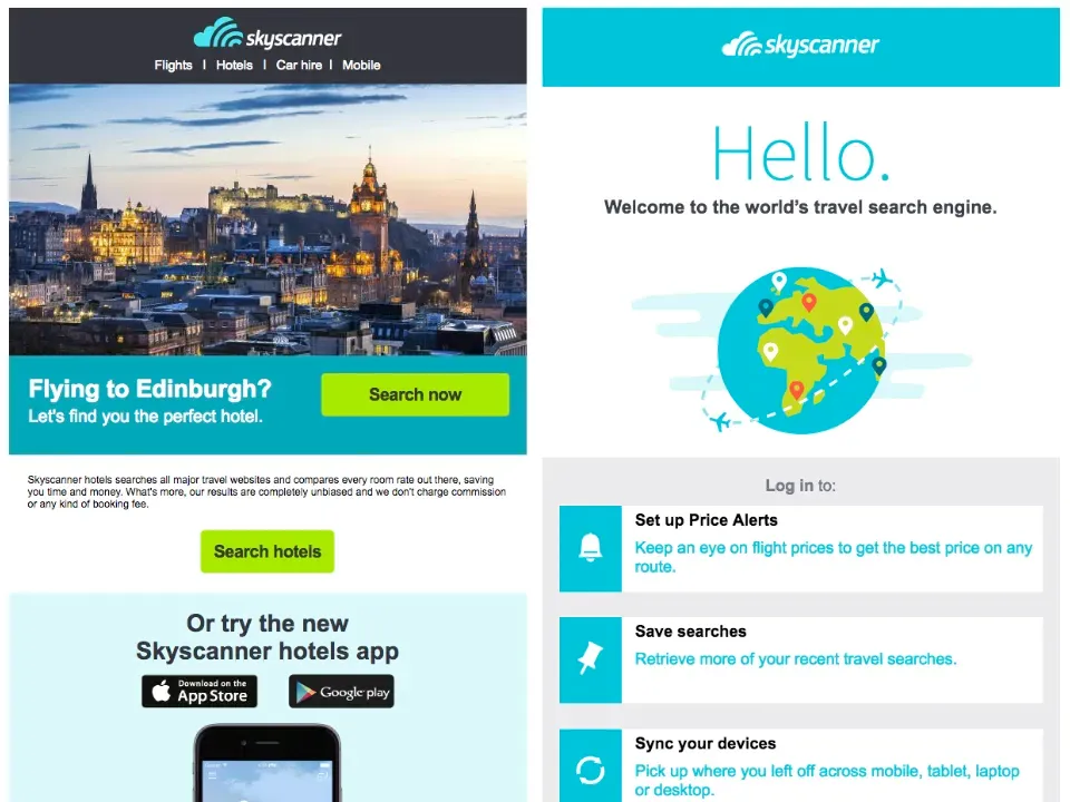The original Hotels Cross Sell email (left), and our recently redesigned Welcome email (right) ​