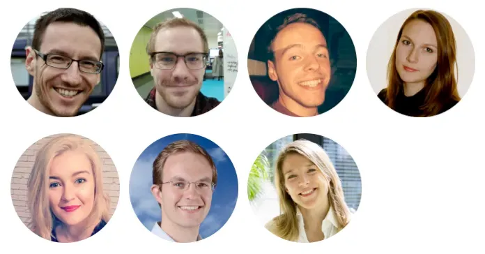 Working across Teams at Skyscanner is common and enabled through our Squads and Tribes model. From top left: Andy McCready, Chris McCluskey, Iain Pritchard, Nina Neissl, Emily Stewart, Jonathan Sepulchre, Naiba De Bona